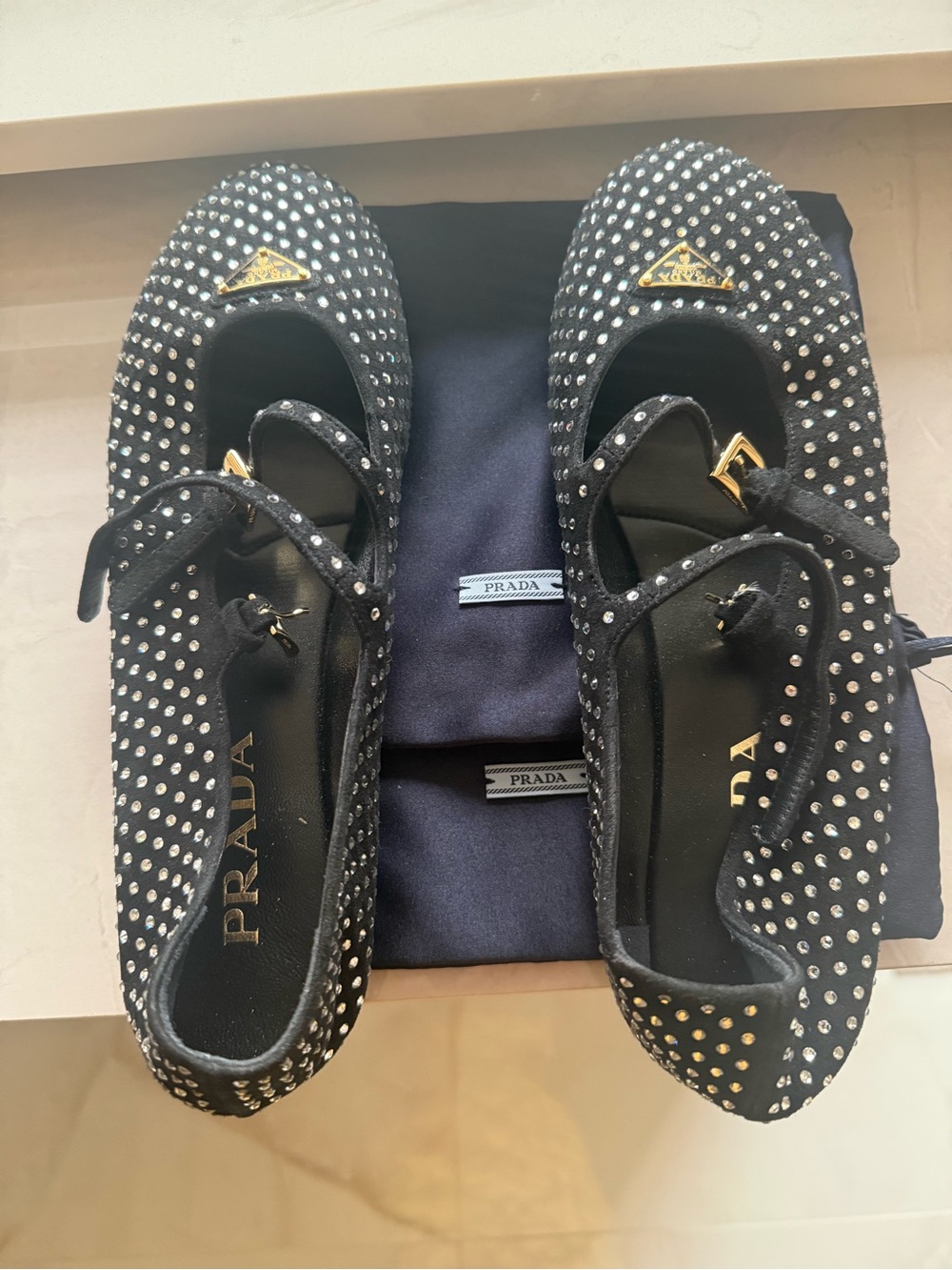Prada Black Crystal-Stud Mary Jane Flats with Gold Logo sz 39